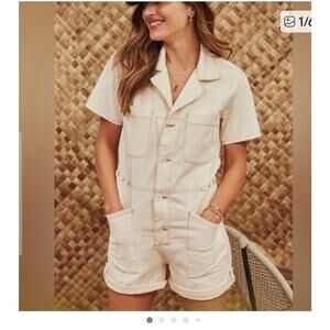 Pistola Parker Romper Womens Small Utility Button Front Short Sleeve Ecru safari